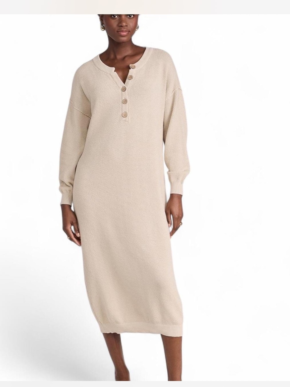 Free People free-est Hailee Waffle Knit Henley Sweater Midi Dress Oatmeal XS - Picture 2 of 11